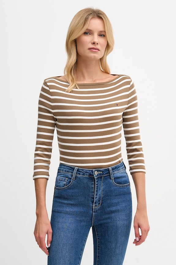 Tommy Hilfiger tričko s dlhým rukávom dámske bavlnené pásiky hnedá WW0WW40589.