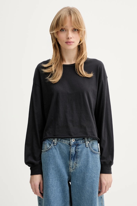 American Vintage longsleeve din bumbac uni negru APO02D