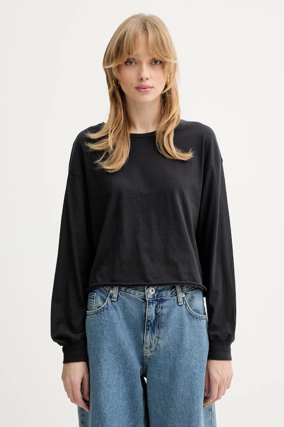 American Vintage longsleeve din bumbac uni negru APO02D