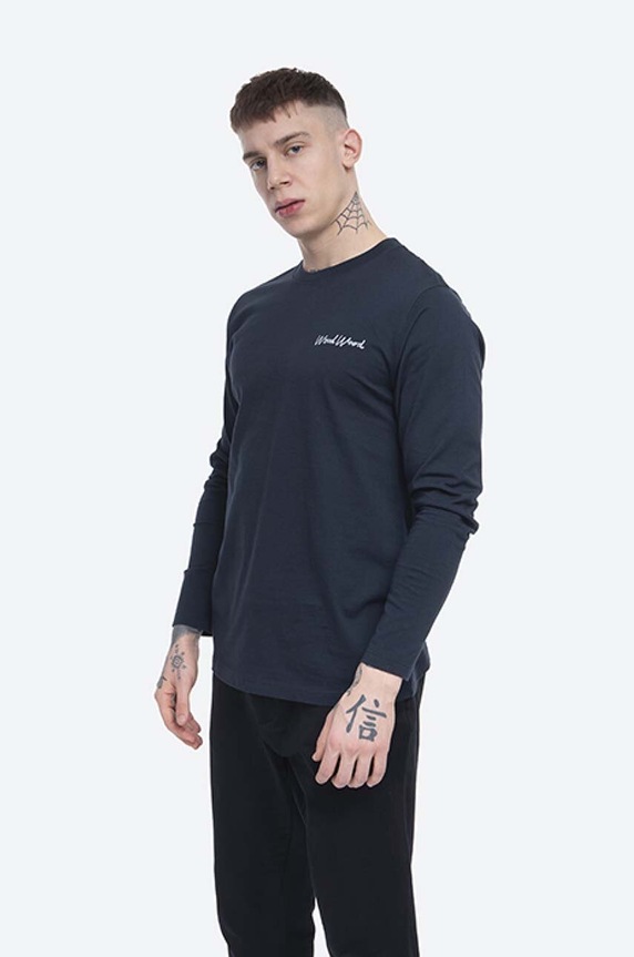 Bavlněné tričko s dlouhým rukávem Wood Wood Peter Longsleeve potisk námořnická modř 12045402.2491
