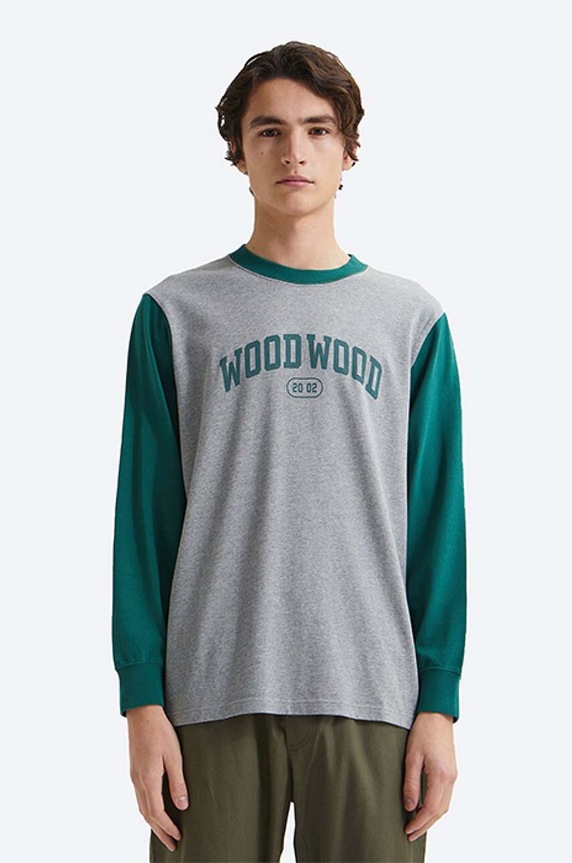Bavlněné tričko s dlouhým rukávem Wood Wood Mark IVY Longsleeve potisk šedá 12135401.2489