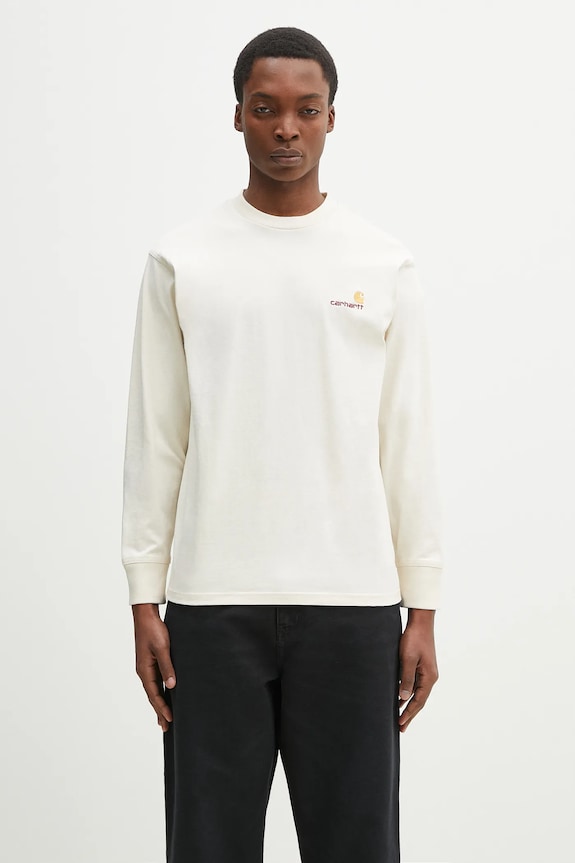 Carhartt WIP cotton longsleeve top L/S American Script T-Shirt plain beige I029955.05XX