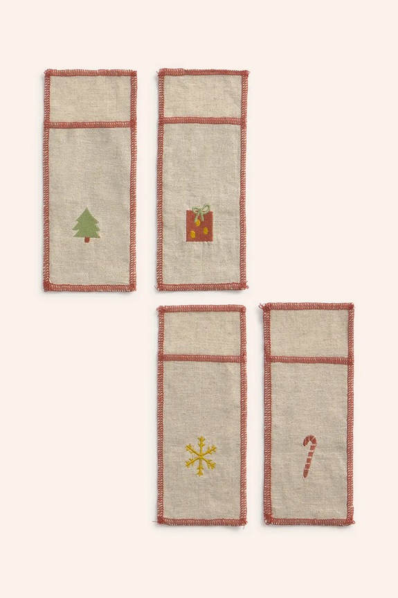 Calma House zestaw pokrowców na sztućce z lnem świąteczne Joy 21 x 8 cm 4-pack multicolor JOY.21.MUL