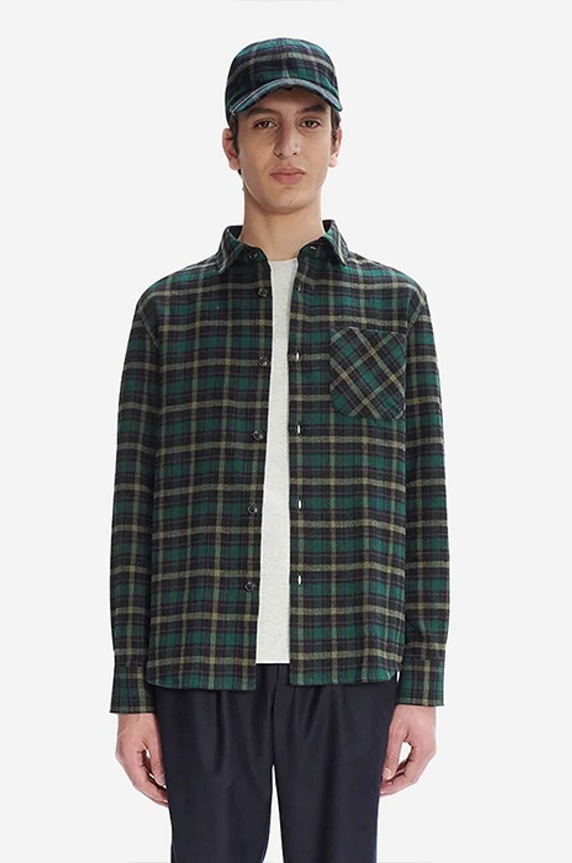 A.P.C. cămașă din lână Surchemise Trek lung verde COEZX.H02396