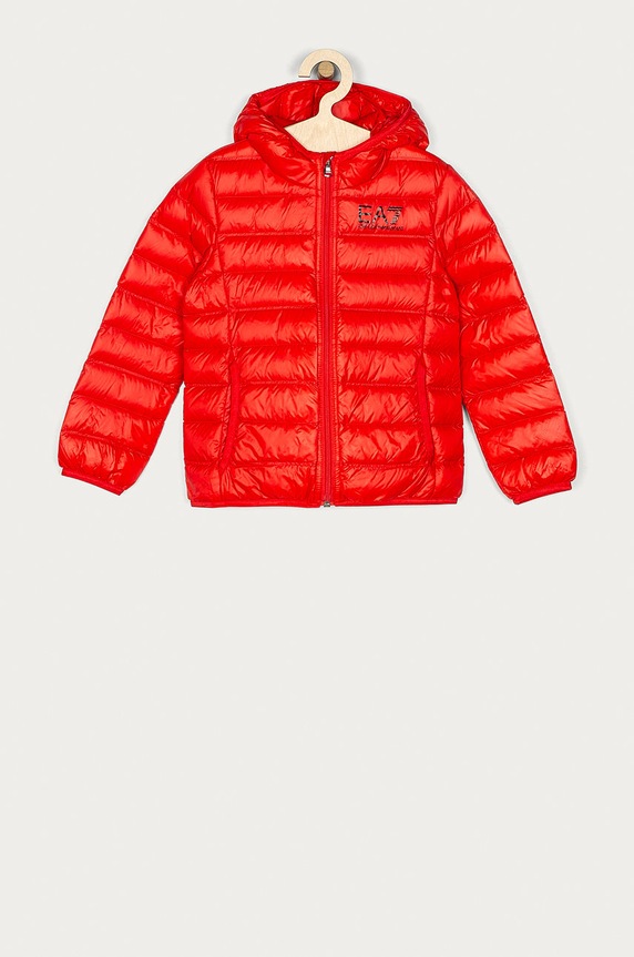 Dječja pernata jakna EA7 Emporio Armani s kapuljačom crvena 8NBB34.BN29Z