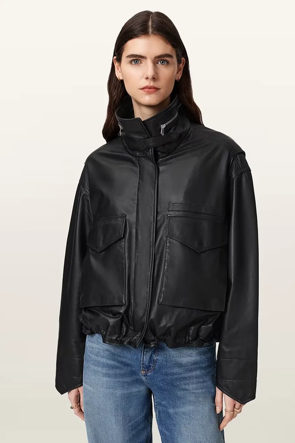 AllSaints bunda bomber dámska kožená čierna W110LD