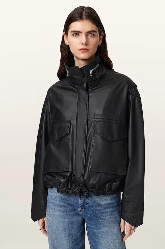AllSaints bunda bomber dámska kožená čierna W110LD