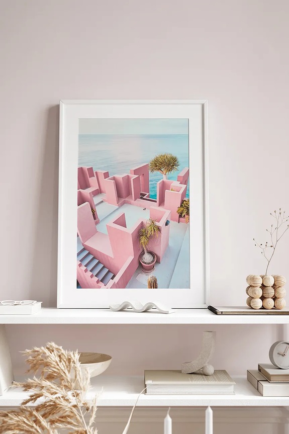 Salon i sypialnia home & lifestyle dekoracja ścienna w ramie SEA VIEW FROM THE PINK ROOF 50 x 70 cm 1541201.23158 multicolor