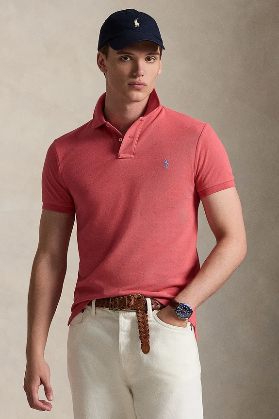 Βαμβακερό μπλουζάκι πόλο Polo Ralph Lauren slim ροζ 710536856.
