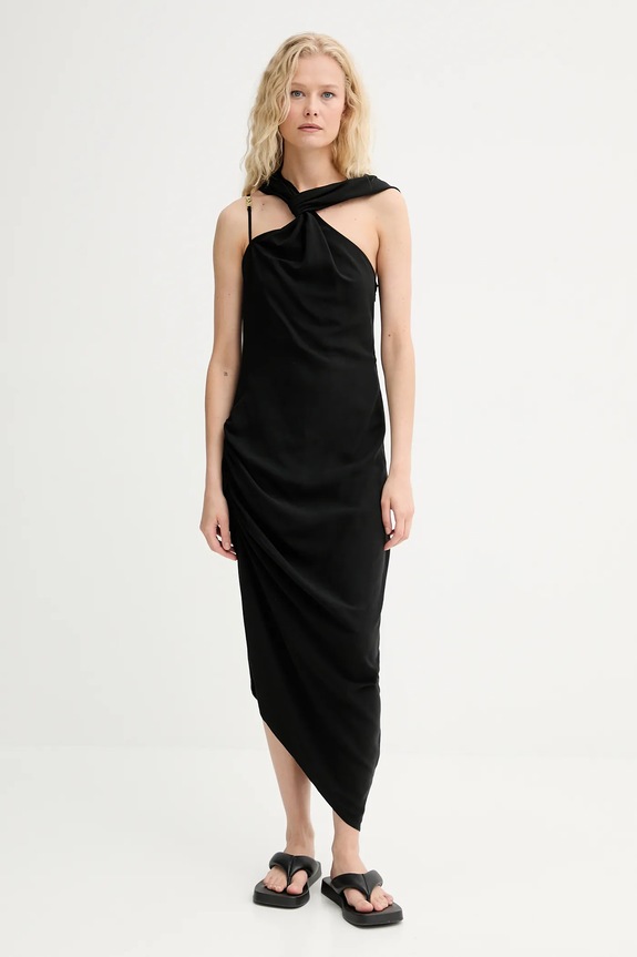 Renewed vestito con aggiunta di lino creative upcycling midi nero naprawa.8052029031338