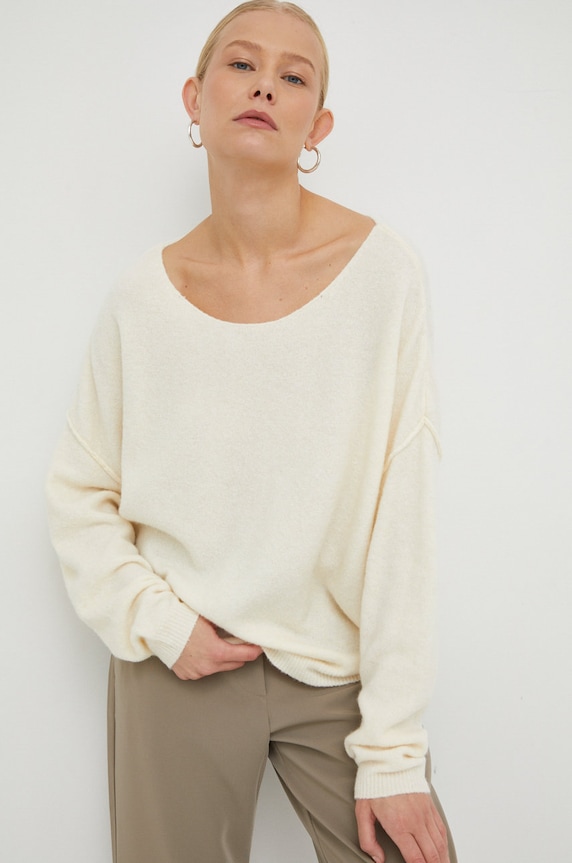 American Vintage sweter z domieszką wełny PULL ML COL BATEAU okrągły beżowy DAM225