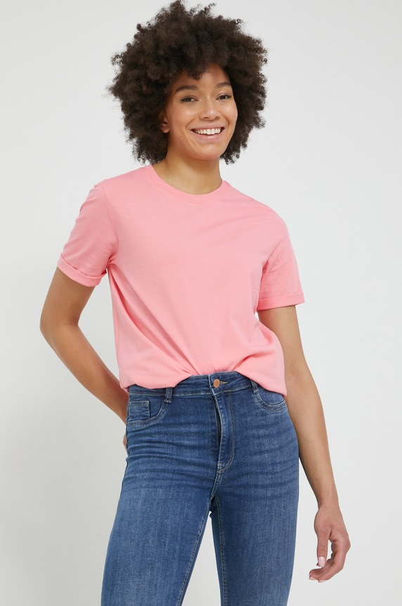 Pieces t-shirt bawełniany bawełna różowy 17086970.Strawberry