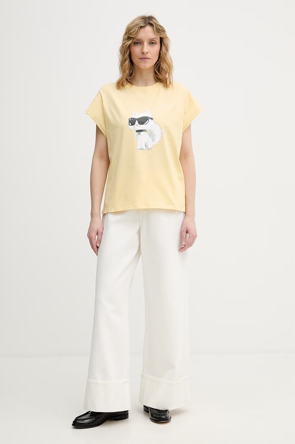 Karl Lagerfeld T-shirt damski bawełniany IKON AQUARELLE A2W17115 żółty AA00