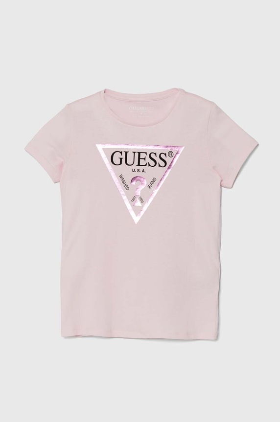 Παιδικό βαμβακερό μπλουζάκι Guess στάμπα ροζ J73I56.K8HM0.9BYH