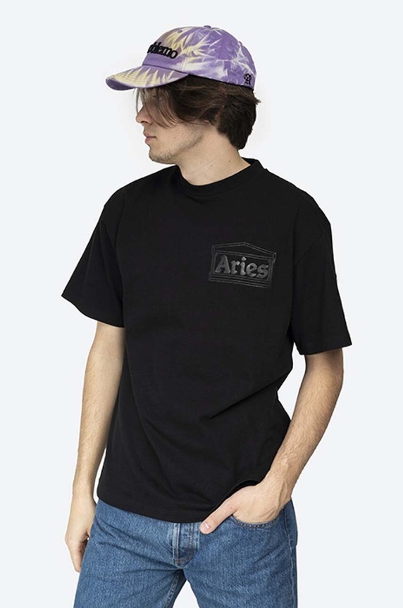 Aries T-shirt męski bawełniany nadruk czarny AR60000