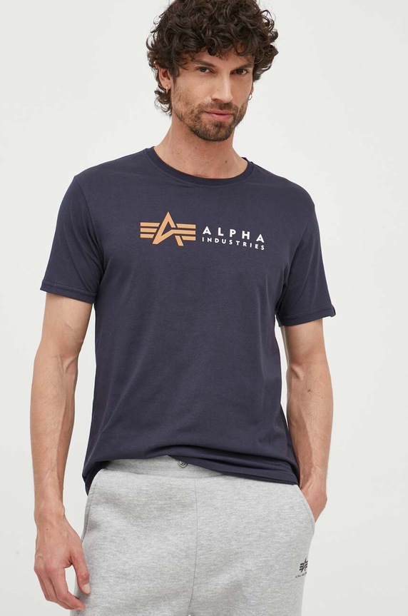 Bombažna kratka majica Alpha Industries Koszulka Alpha Industries Alpha Label T 118502 07 Potisk mornarsko modra 118502.07