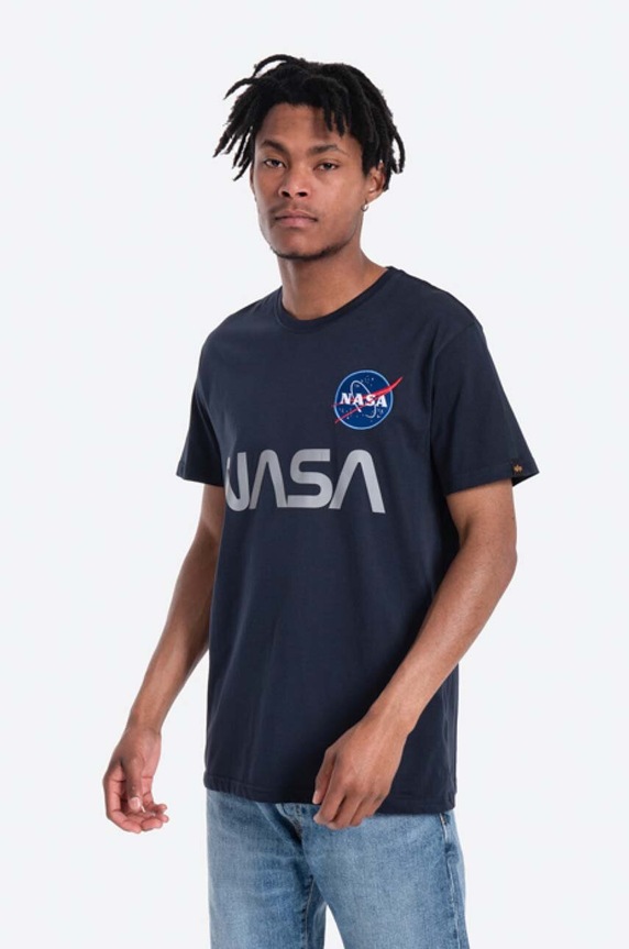 Alpha Industries t-shirt bawełniany NASA Reflective T nadruk granatowy 178501.07