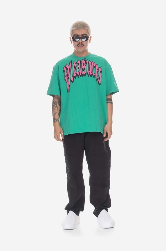 Clothing PLEASURES cotton T-shirt Twitch Heavyweight P23SP028 green