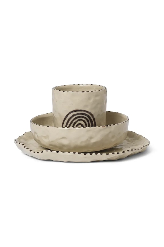 Akcesoria ferm LIVING zestaw śniadaniowy dla dzieci Naive Ceramic Set 3-pack 1104269020 beżowy