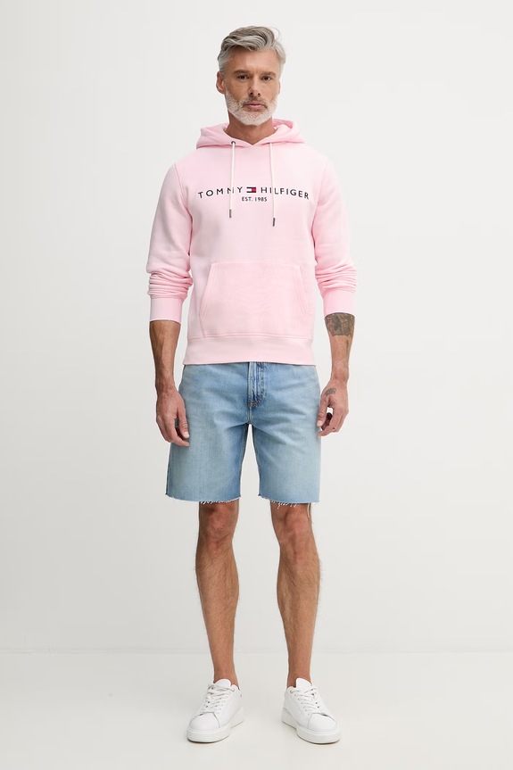 Tommy Hilfiger hanorac cu glugă bărbătesc cu bumbac MW0MW11599 roz SS26