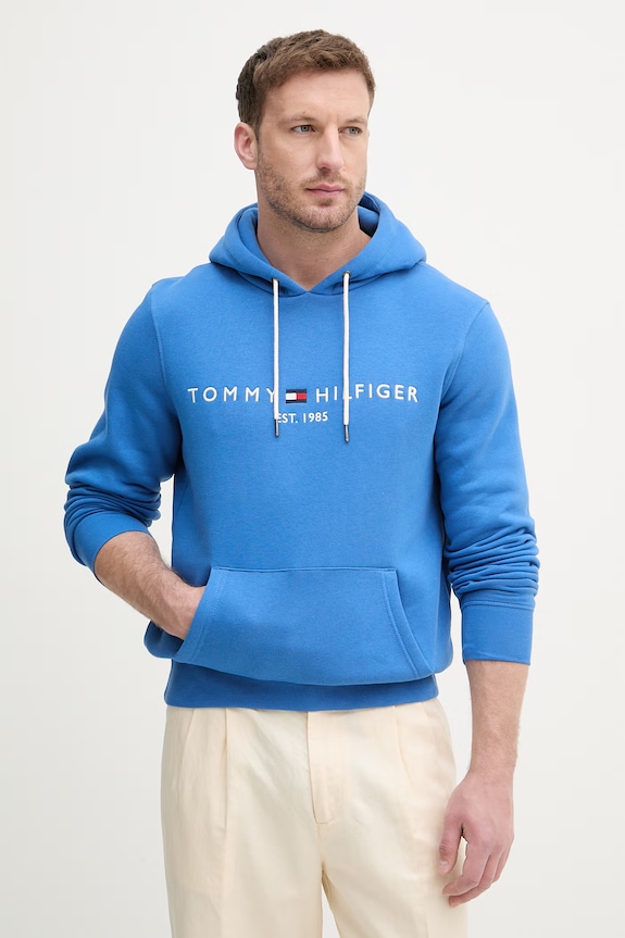Tommy Hilfiger hanorac cu glugă bărbătesc cu bumbac albastru MW0MW11599
