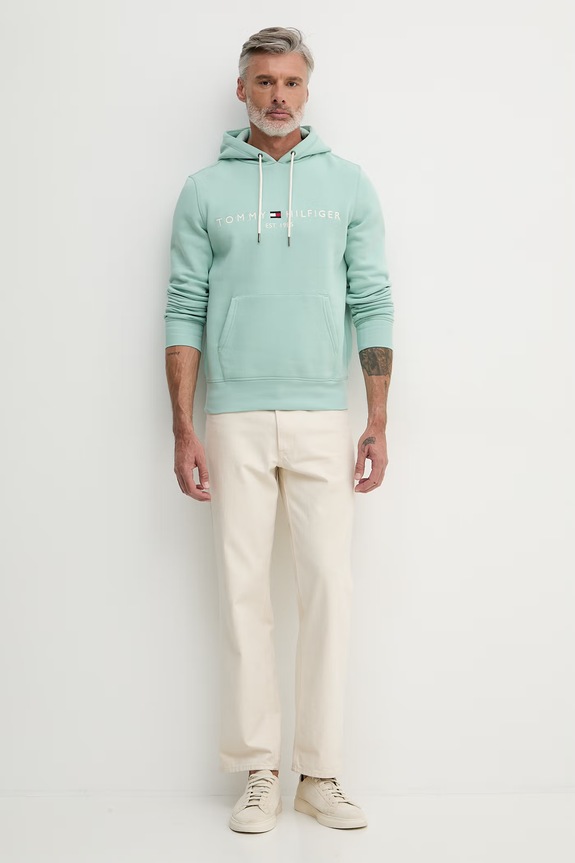 Tommy Hilfiger hanorac cu glugă bărbătesc cu bumbac MW0MW11599 turcoaz SS26