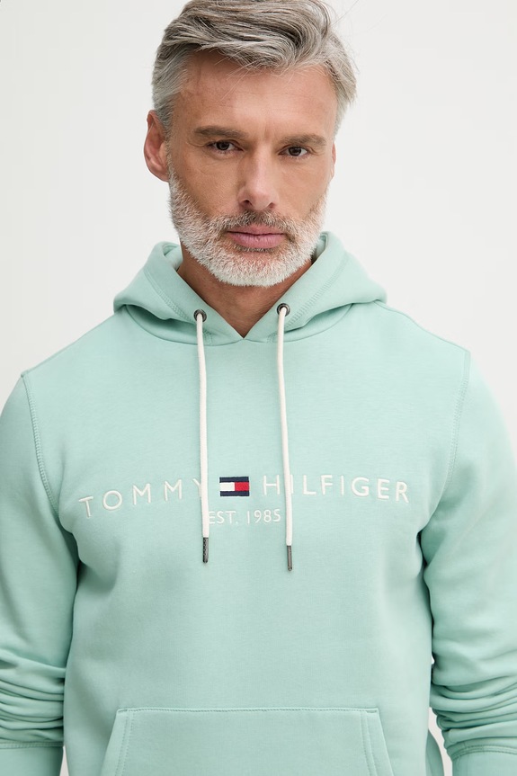 Tommy Hilfiger hanorac cu glugă bărbătesc cu bumbac turcoaz MW0MW11599