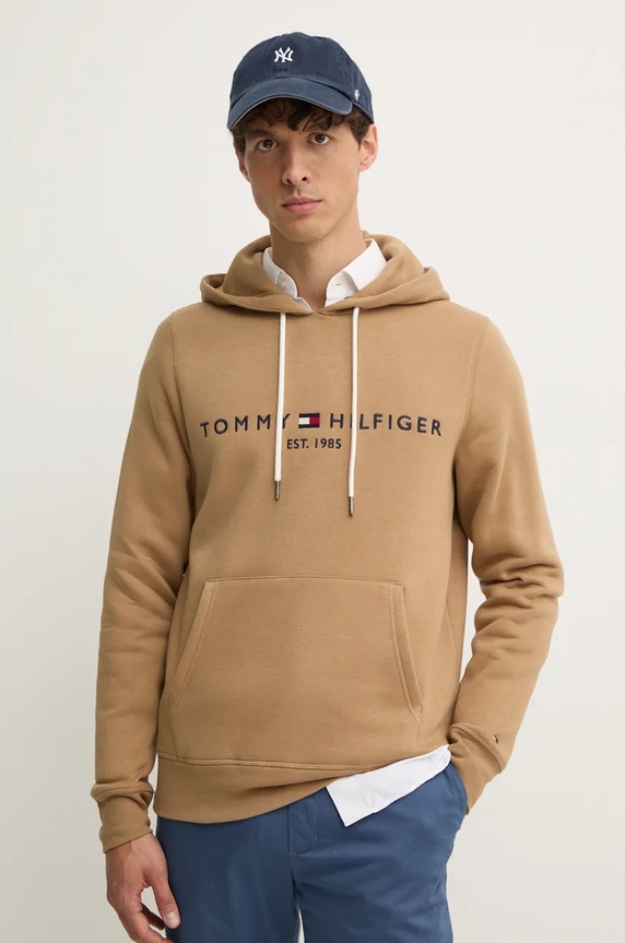 Tommy Hilfiger dukserica s kapuljačom muška pamučna natpis bež MW0MW11599