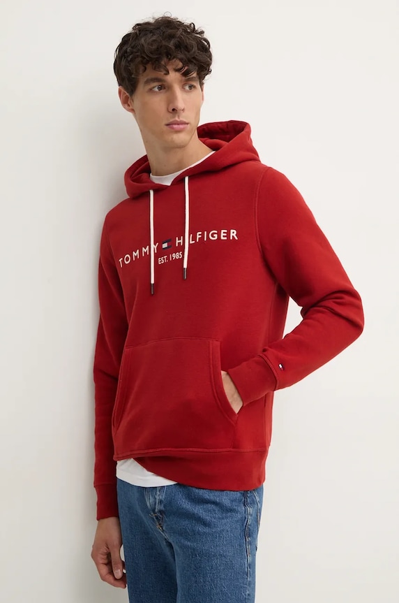 Tommy Hilfiger bluza z kapturem męska z bawełną bordowy MW0MW11599