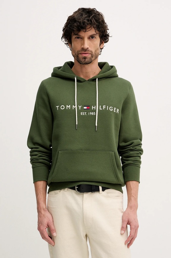 Tommy Hilfiger bluza z kapturem męska z bawełną zielony MW0MW11599