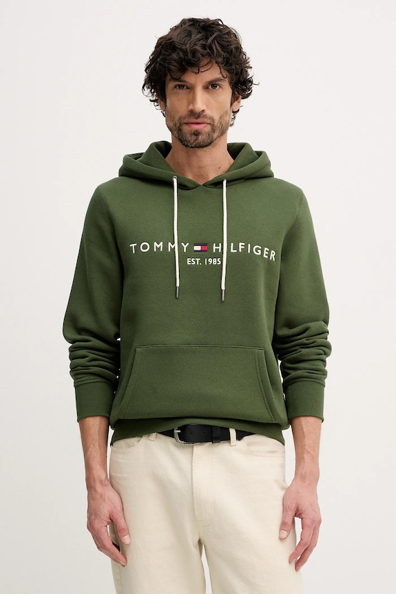 Tommy Hilfiger bluza z kapturem męska z bawełną zielony MW0MW11599