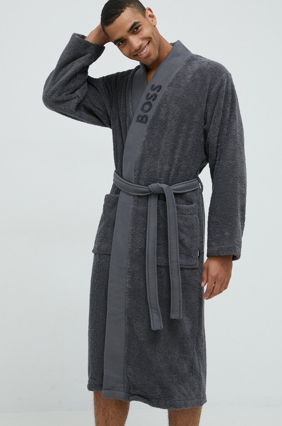 BOSS accappatoio in cotone tessuto grigio PLAIN.MEN