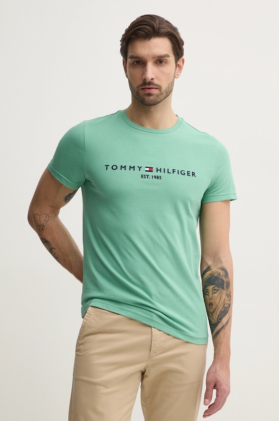 Bavlnené tričko Tommy Hilfiger nášivka zelená MW0MW11797
