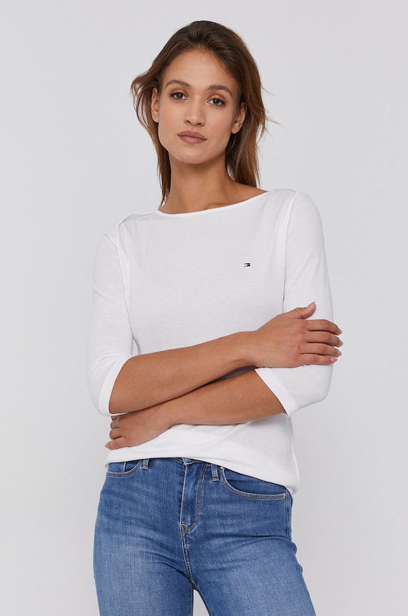 Bavlněné tričko s dlouhým rukávem Tommy Hilfiger kulatý bílá WW0WW31669.4890