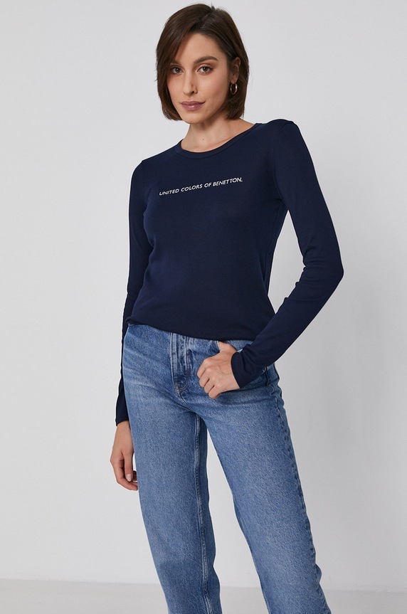 Pamučna majica dugih rukava United Colors of Benetton print mornarsko plava 3GA2E16G0.016