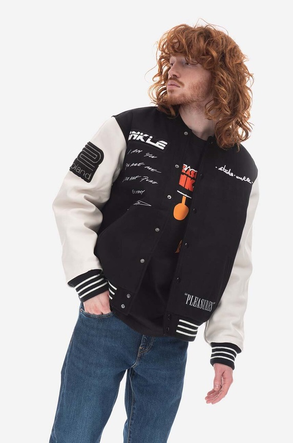 Bomber jakna PLEASURES Unkle Varsity bez tople podstave crna P22U012