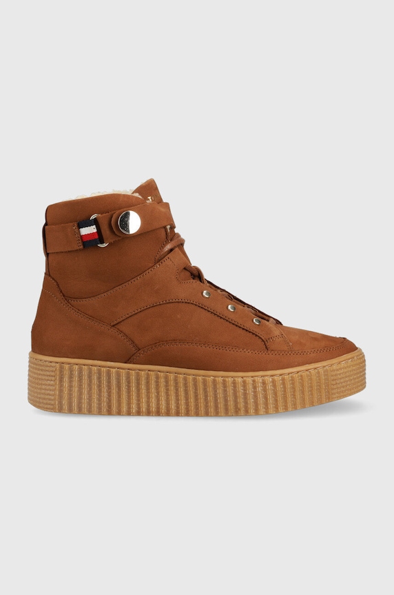 Tommy Hilfiger śniegowce skórzane Warmlined Lace Up Boot platforma brązowy FW0FW06798.GTU