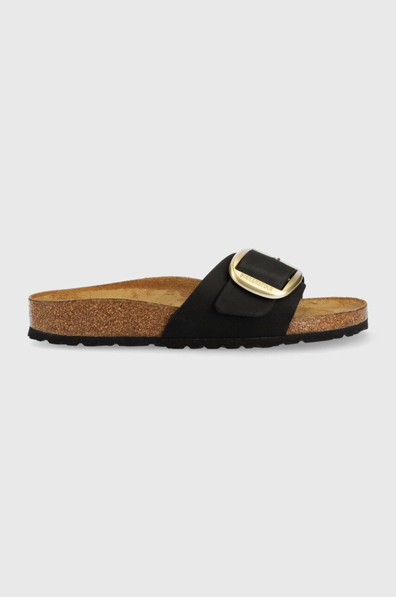 Birkenstock klapki nubukowe Madrid Big Buckle płaski czarny 1023373.BLK