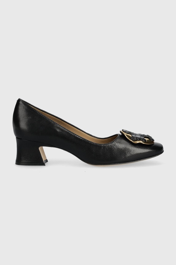 Tory Burch czółenka skórzane Woven Double T słupek czarny 140862.006