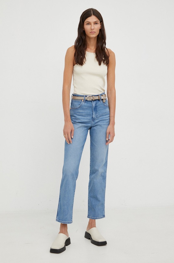 Wrangler jeansy Mom Straight Mauna Planet friendly niebieski W27MU8Z24