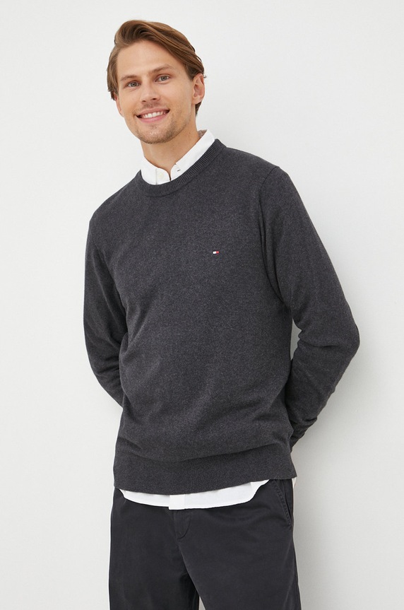 Pulover s dodatkom kašmira Tommy Hilfiger okrugli siva MW0MW28046.9BYY