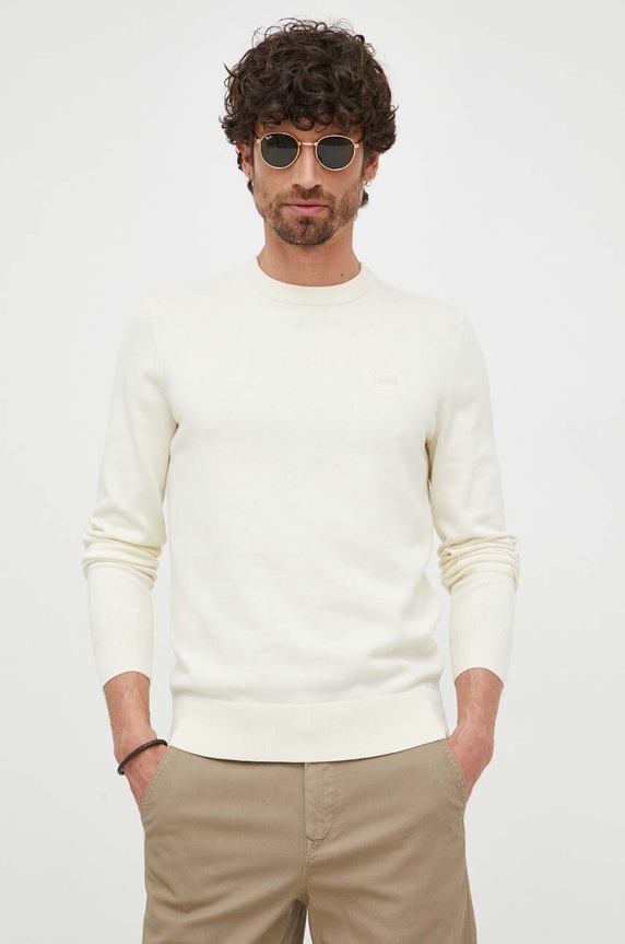 BOSS sweter z domieszką kaszmiru BOSS CASUAL okrągły beżowy 50471343