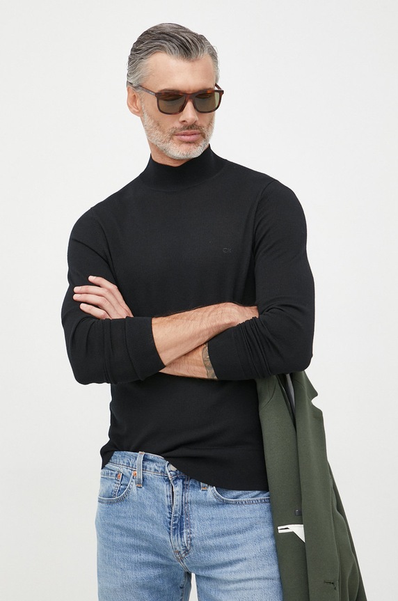 Vlněný svetr Calvin Klein polorolák černá K10K110424.9BYY