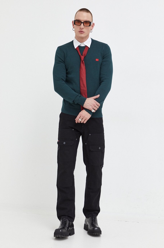 HUGO pamut pulóver 50475083 zöld AW25