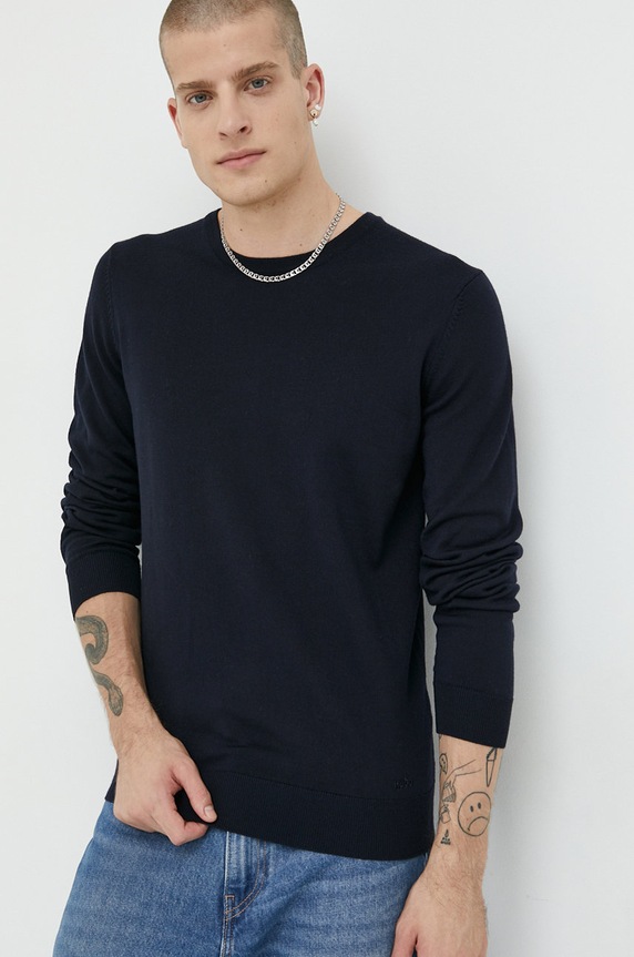Vlnený sveter HUGO San Cedric-M1 melanž tmavomodrá 50476832