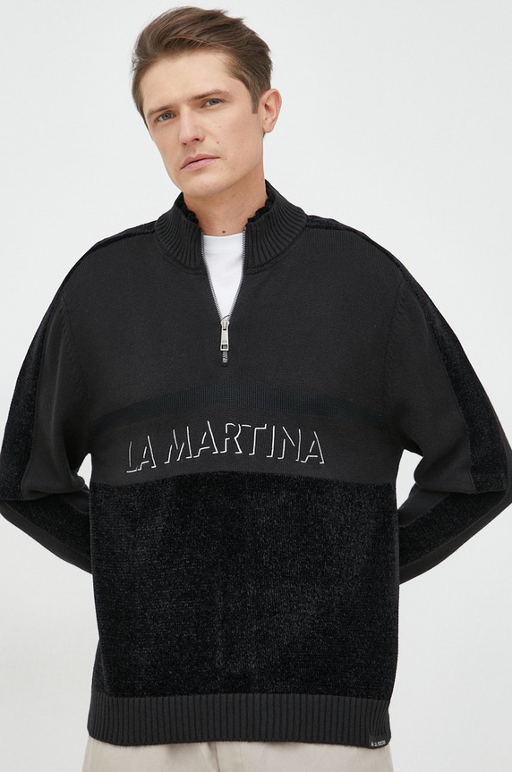 La Martina sweter z domieszką wełny zapinany czarny UMS312