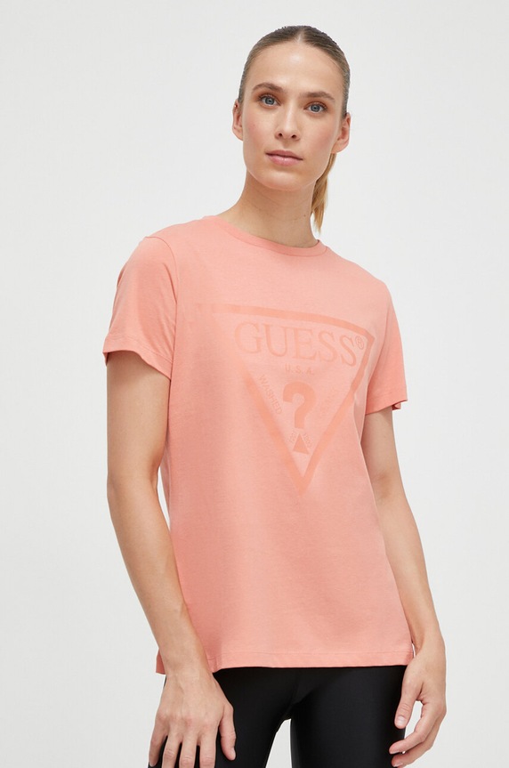 Guess t-shirt bawełniany ADELE nadruk pomarańczowy V2YI07.K8HM0