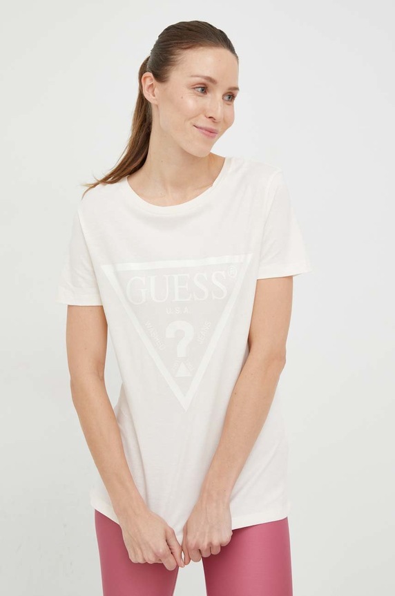 Guess t-shirt bawełniany ADELE nadruk beżowy V2YI07.K8HM0