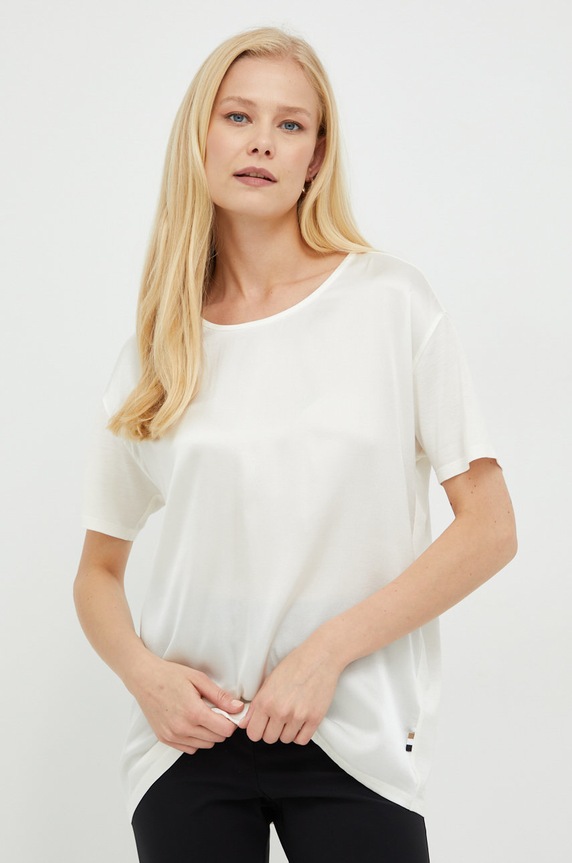 BOSS t-shirt z domieszką jedwabiu Esandy z elastanem beżowy 50457656