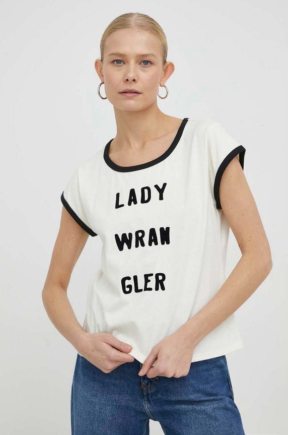 Wrangler t-shirt bawełniany x Leon Bridges aplikacja beżowy W7NAGFC11